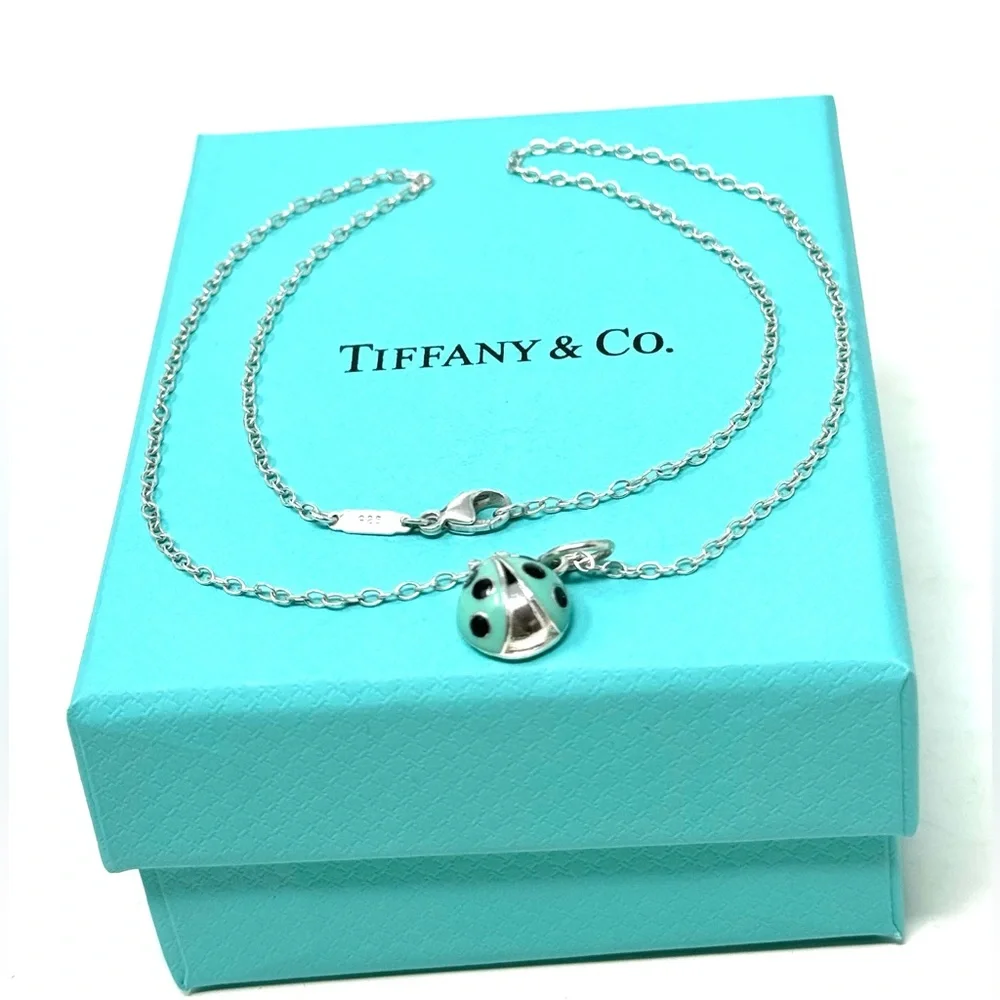 Authentic Tiffany & co. Enamel Blue / Black Lady Bug Pendant Necklaces. - Picture 9 of 12